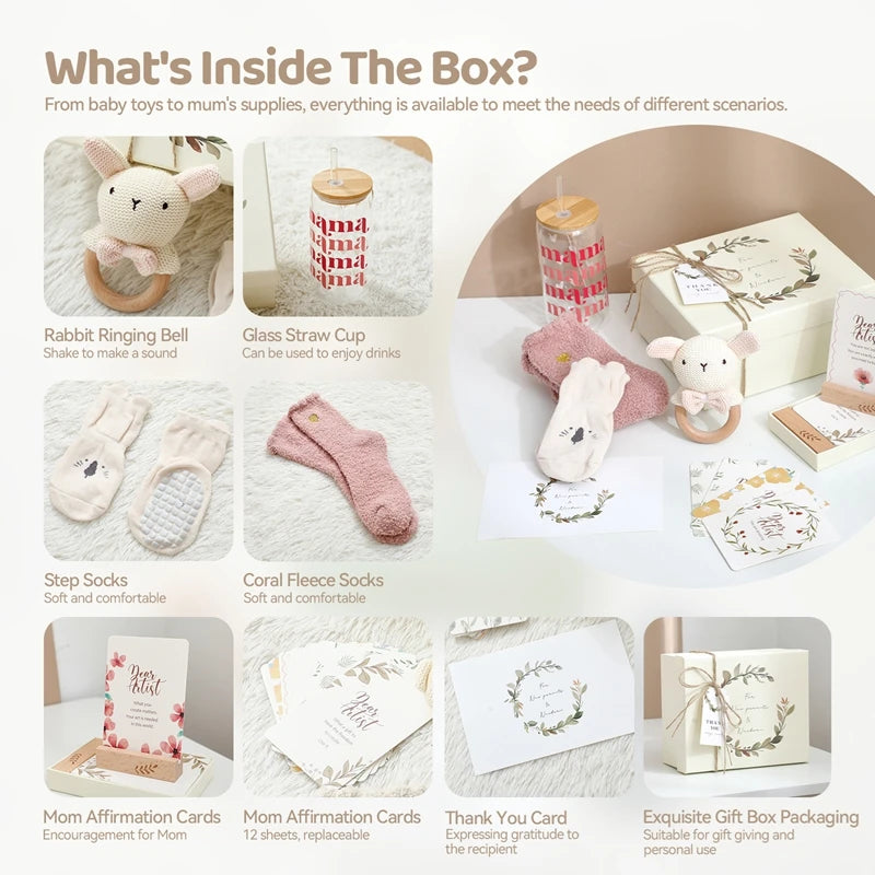 Baby Bathing Set Gift Box Cotton Socks Newborn Growth Memorial Card Wooden Bear Teether Wooden Rattle Baby Birth Gift