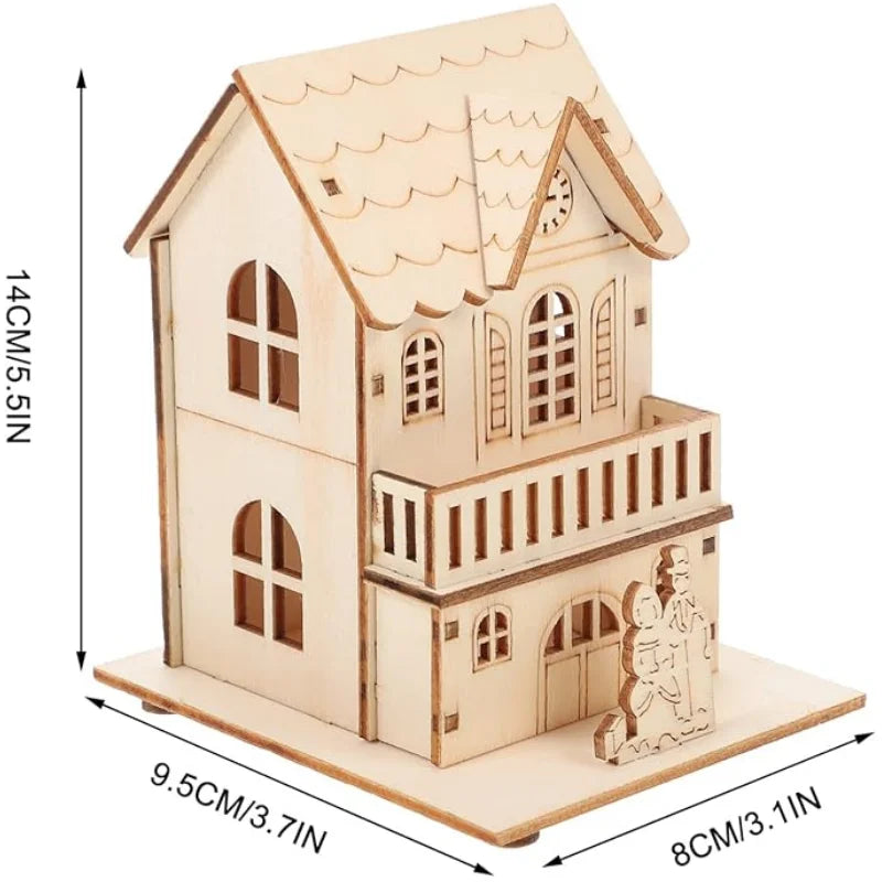 Christmas LED Light Wooden House Village Unfinished Wood Xmas Village Ornament Luminous Christmas Desktop Holiday Home Decor