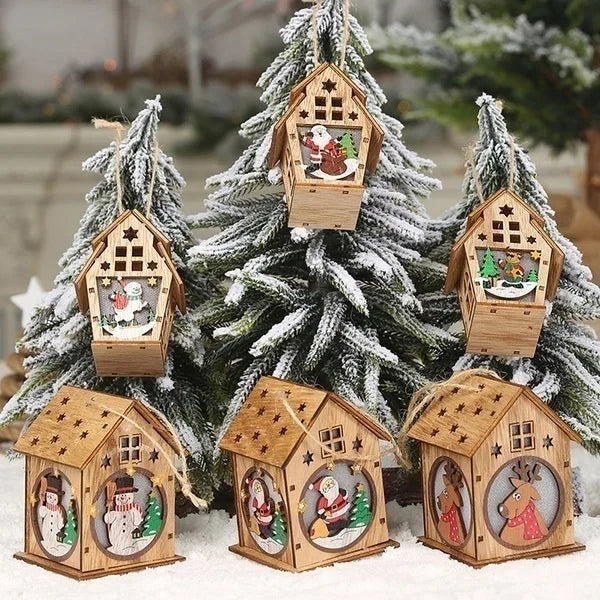 Christmas LED Light Wood House Cute Tree Hanging Pendant Window Decoration Ornaments Children's Handmade DIY Gift