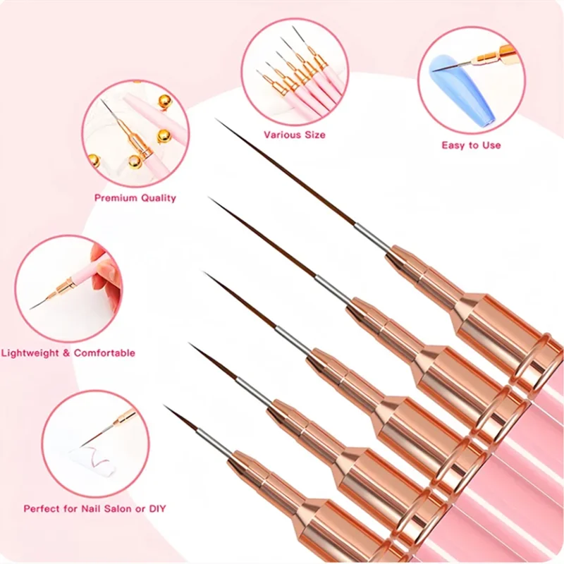 5 Pcs Nail Art Liner Brushes Set Elongated Lines Striping Drawing UV Gel Painting Nail Design Pen Professional Manicure Tool