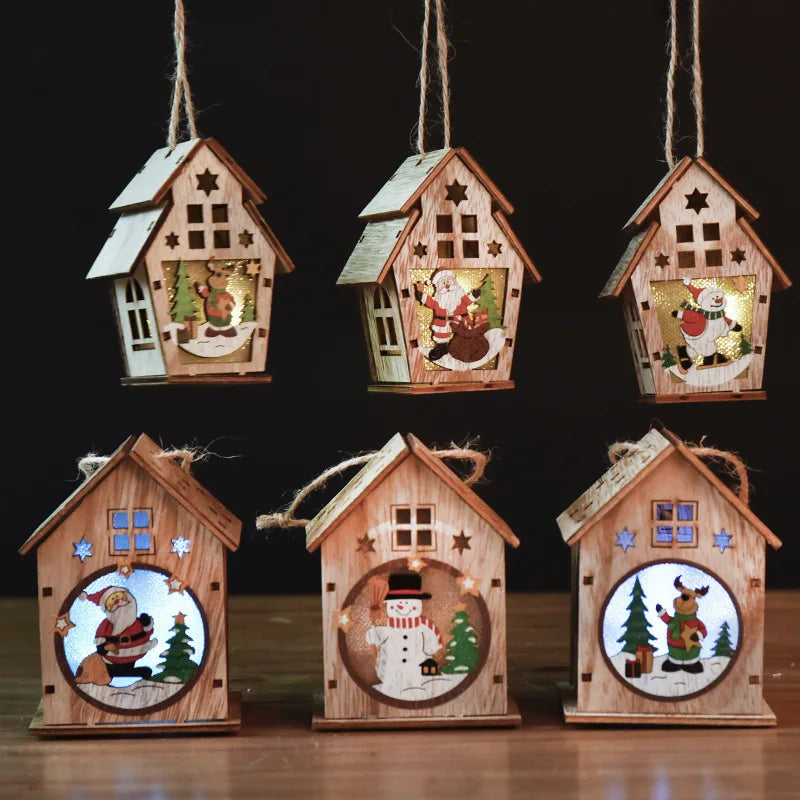 Christmas LED Light Wood House Cute Tree Hanging Pendant Window Decoration Ornaments Children's Handmade DIY Gift