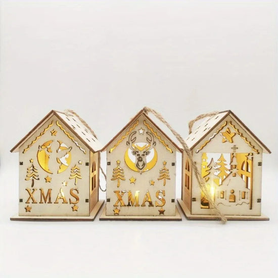 Christmas Wooden Crafts Wooden Christmas Small House Cabin Lighting Ornaments Pendant Christmas Tree Decoration