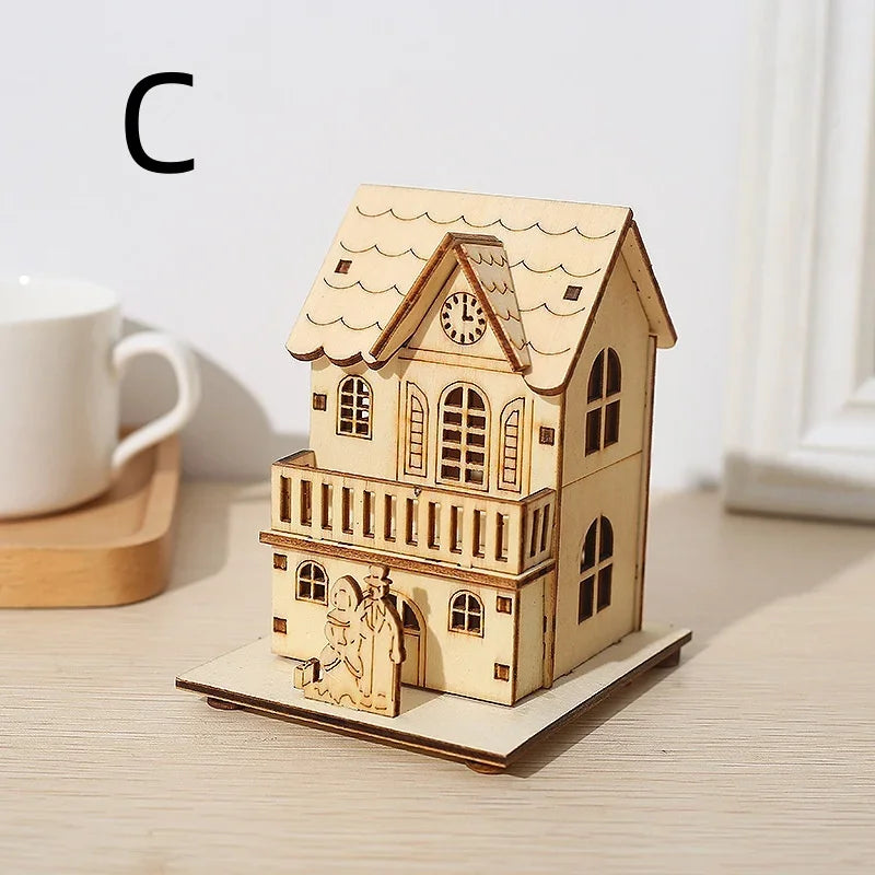 Christmas LED Light Wooden House Village Unfinished Wood Xmas Village Ornament Luminous Christmas Desktop Holiday Home Decor