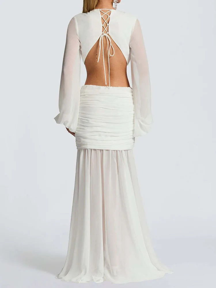 summer women deep v neck backless draped party dress