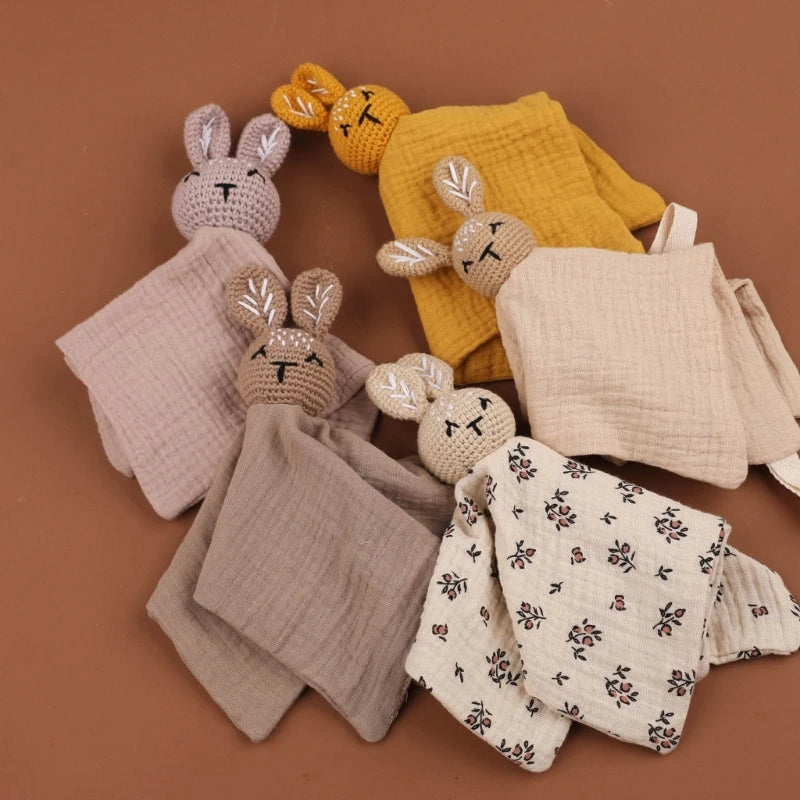 Cotton Gauze Baby Towel Crochet Bunny Rattle Doll Newborn Soothing Towel Baby Security Comforters Blanket Face Towel Washcloth