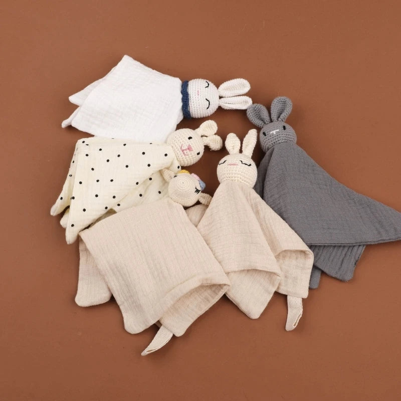 Cotton Gauze Baby Towel Crochet Bunny Rattle Doll Newborn Soothing Towel Baby Security Comforters Blanket Face Towel Washcloth