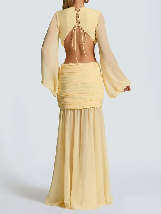 summer women deep v neck backless draped party dress