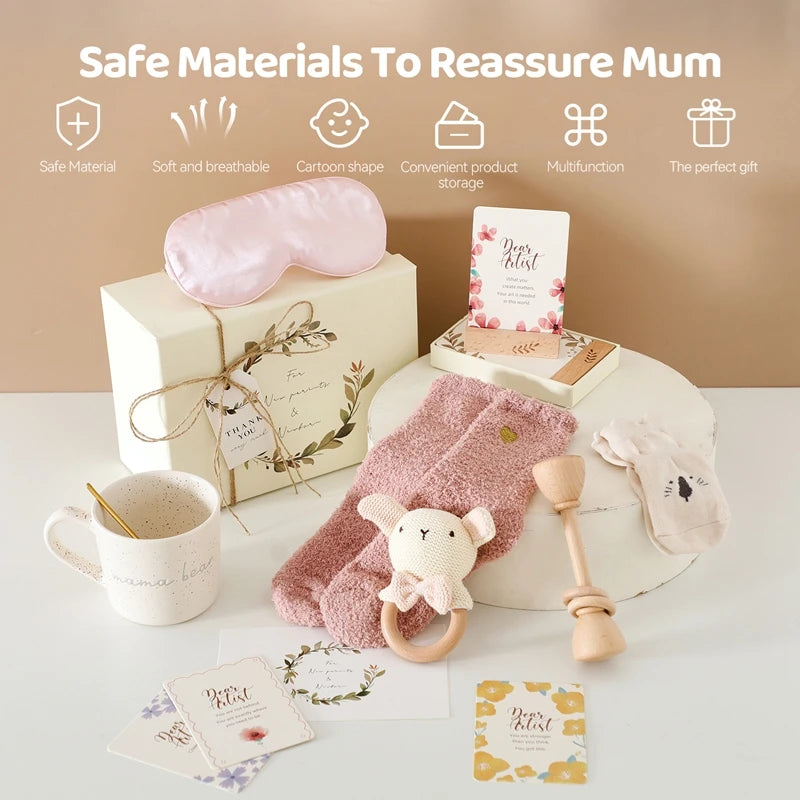 Baby Bathing Set Gift Box Cotton Socks Newborn Growth Memorial Card Wooden Bear Teether Wooden Rattle Baby Birth Gift