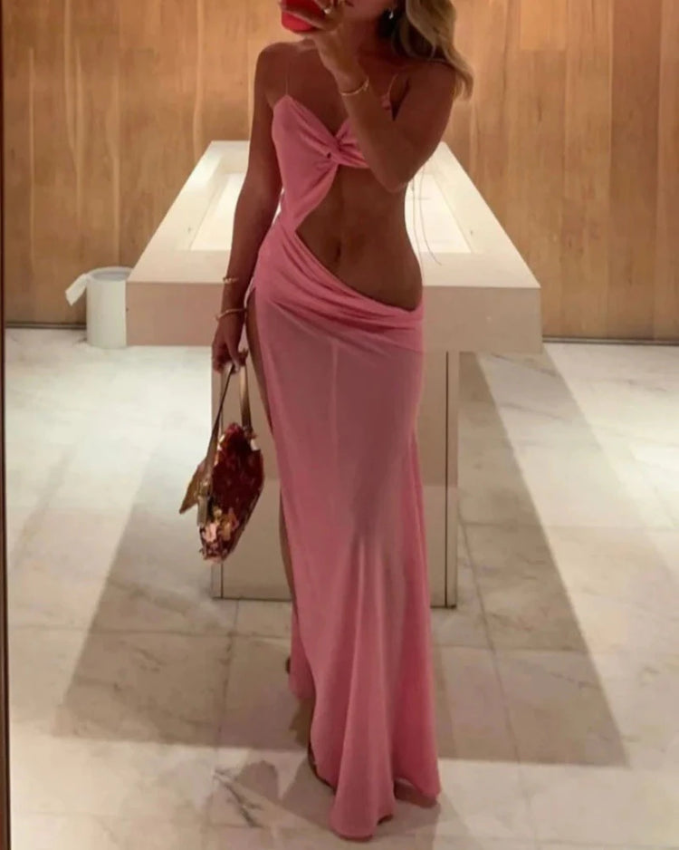 Summer Womens Solid Color Hollow Split Strap Dress