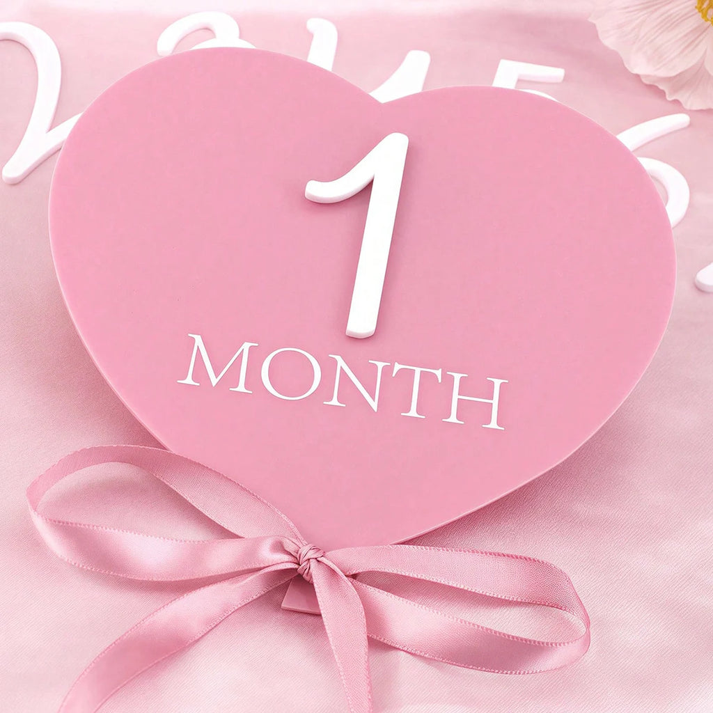 Ylsteed heart shaped pink baby monthly milestone signs pink ribbon newborn monthly photo props  matching with number 0-12