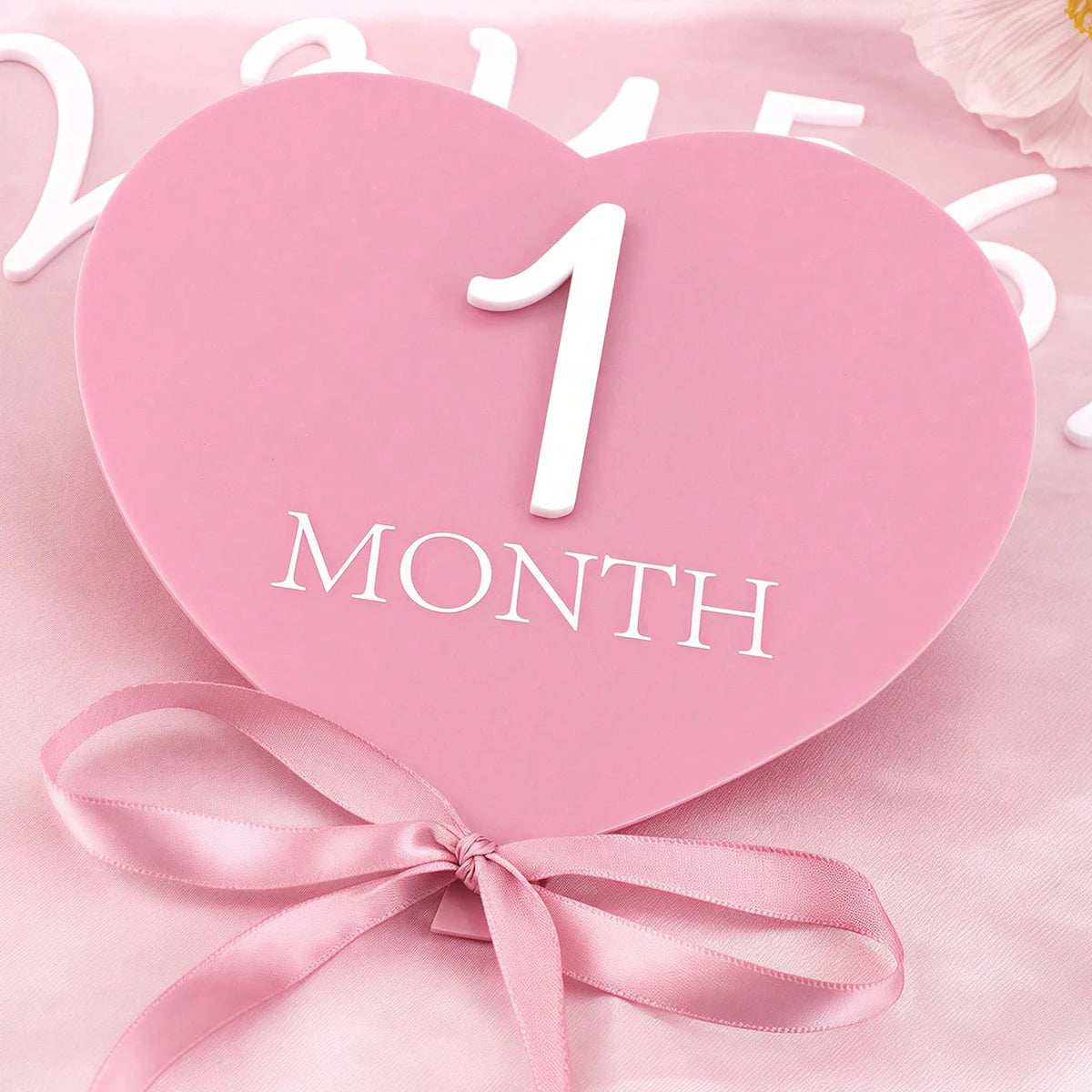 Ylsteed heart shaped pink baby monthly milestone signs pink ribbon newborn monthly photo props  matching with number 0-12