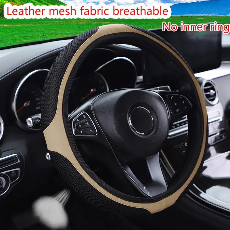 Car Steering Wheel Cover Without Inner Ring 37-38cm Three-dimensional Leather Embroidered Color Diamond-encrusted Breathable