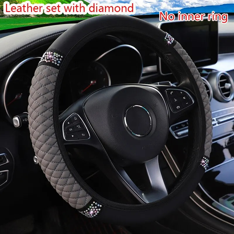 Car Steering Wheel Cover Without Inner Ring 37-38cm Three-dimensional Leather Embroidered Color Diamond-encrusted Breathable
