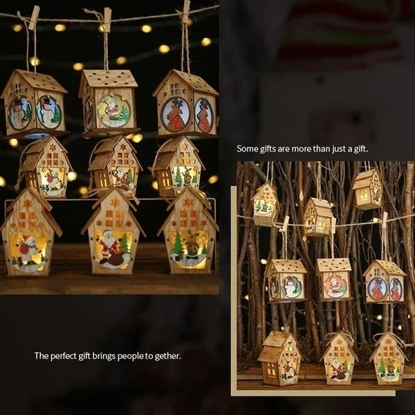 Christmas LED Light Wood House Cute Tree Hanging Pendant Window Decoration Ornaments Children's Handmade DIY Gift