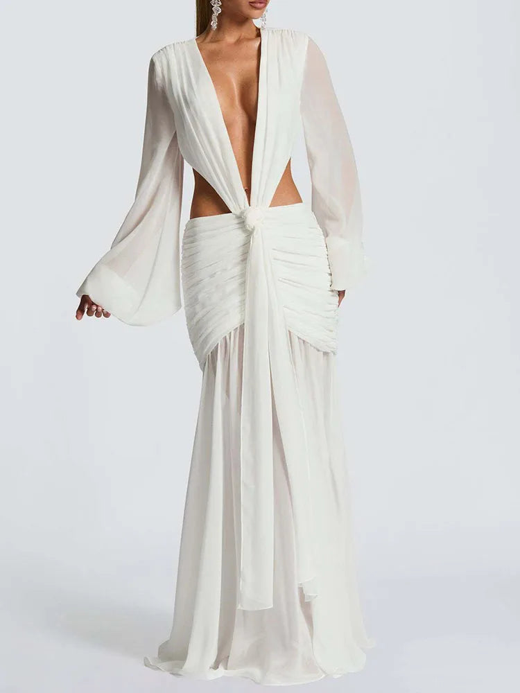 summer women deep v neck backless draped party dress