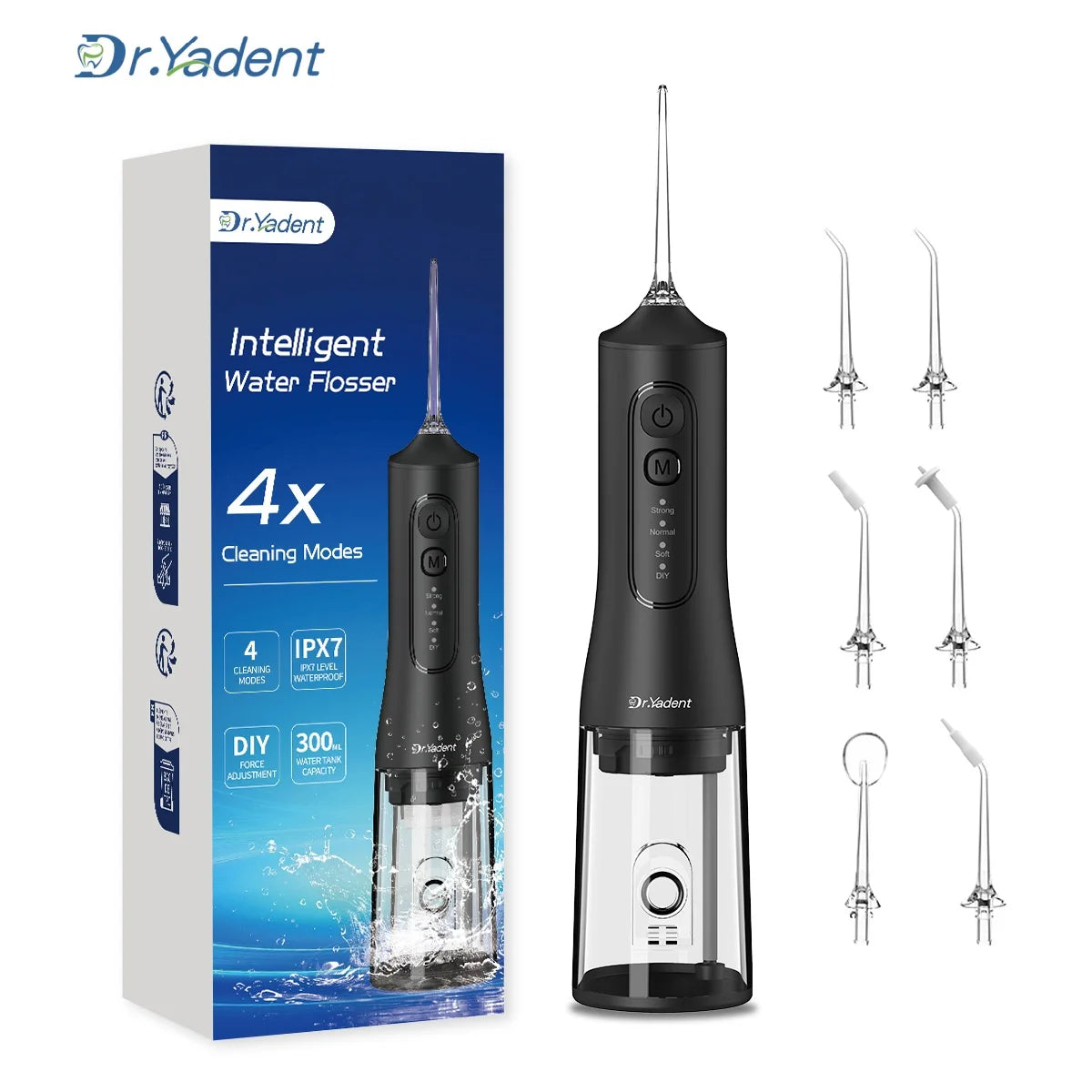 DrYadent Cordless YD06 Water Flosser 7 Nozzles 4 Smart Modes 3hrs Fast USB-C Charge 300ML Portable Tank 2min-Deep Cleaning Adult