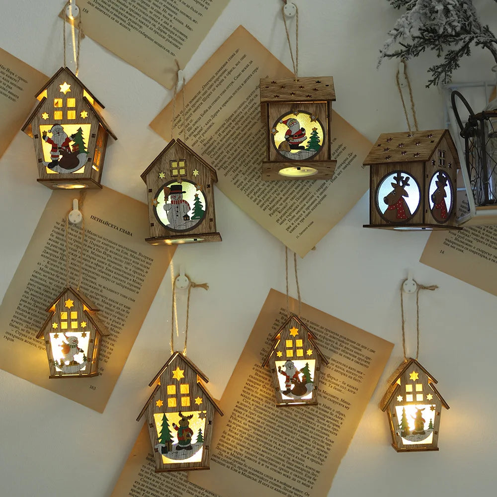 Christmas LED Light Wood House Cute Tree Hanging Pendant Window Decoration Ornaments Children's Handmade DIY Gift