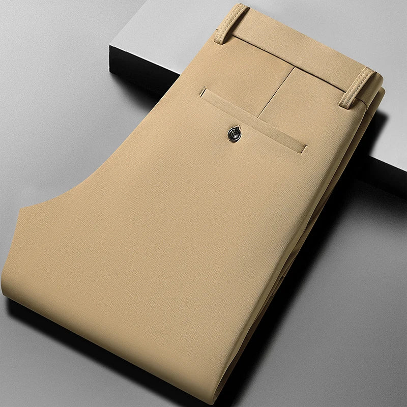 Mens Thin Stretch Straight Summer Pants Silky No-Iron Fabric