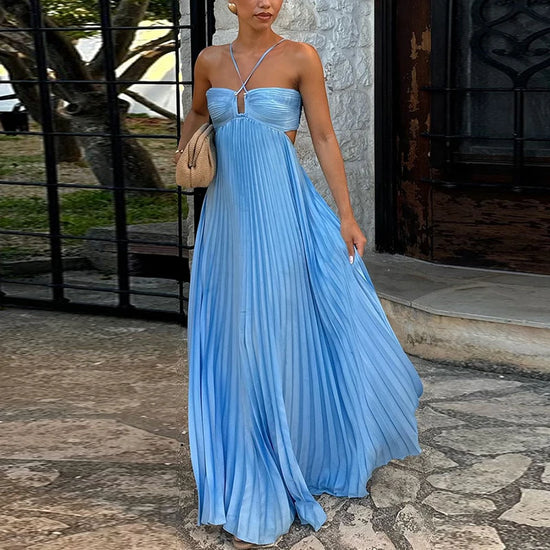 Vestidos Sexy Hollow Halter Robe Pleated Dress