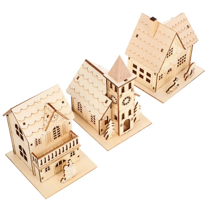 Christmas LED Light Wooden House Village Unfinished Wood Xmas Village Ornament Luminous Christmas Desktop Holiday Home Decor