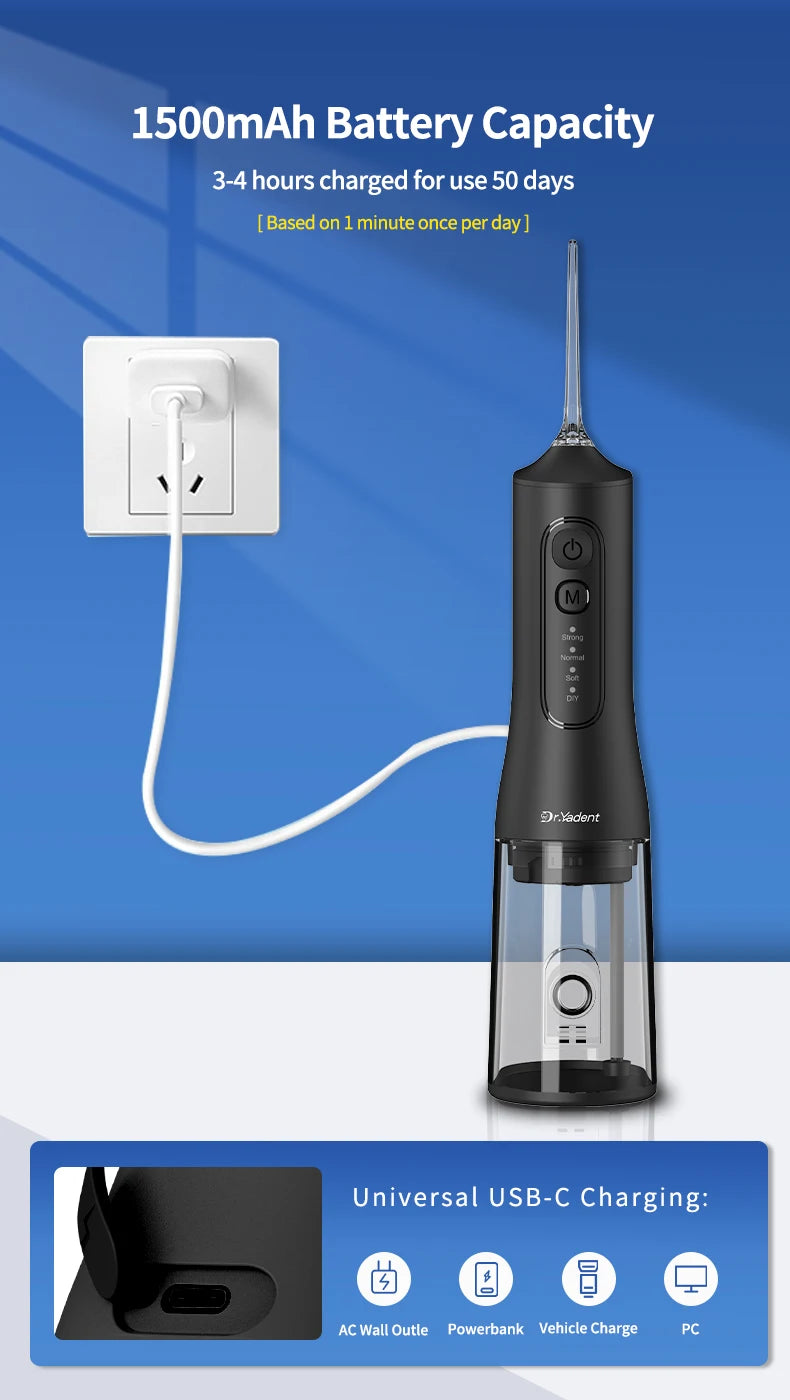DrYadent Cordless YD06 Water Flosser 7 Nozzles 4 Smart Modes 3hrs Fast USB-C Charge 300ML Portable Tank 2min-Deep Cleaning Adult