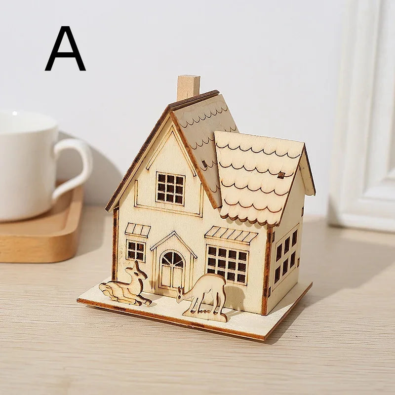 Christmas LED Light Wooden House Village Unfinished Wood Xmas Village Ornament Luminous Christmas Desktop Holiday Home Decor