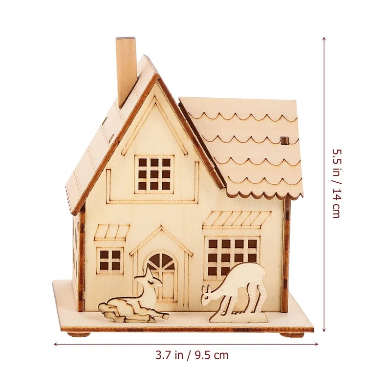 Christmas LED Light Wooden House Village Unfinished Wood Xmas Village Ornament Luminous Christmas Desktop Holiday Home Decor