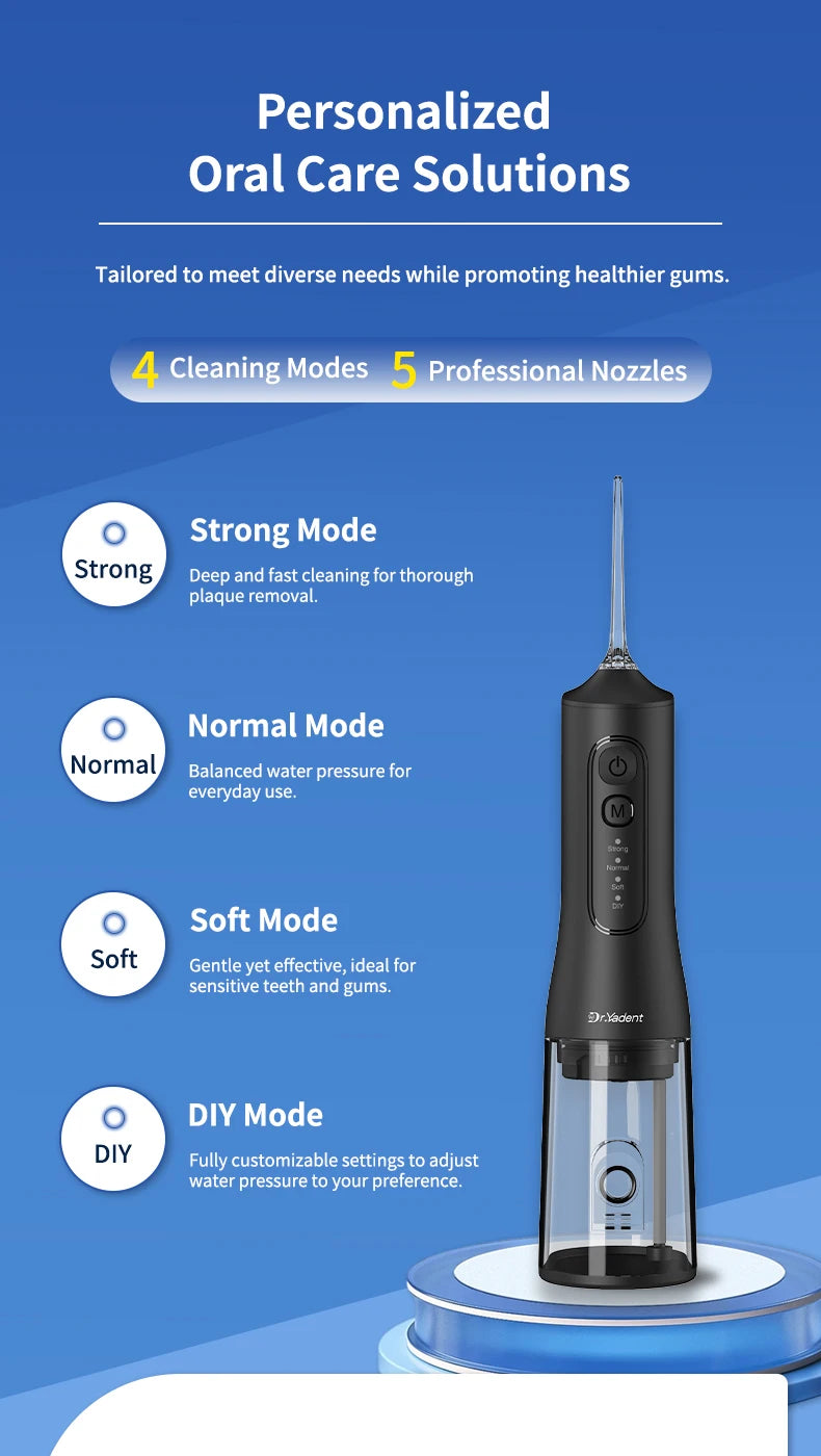 DrYadent Cordless YD06 Water Flosser 7 Nozzles 4 Smart Modes 3hrs Fast USB-C Charge 300ML Portable Tank 2min-Deep Cleaning Adult