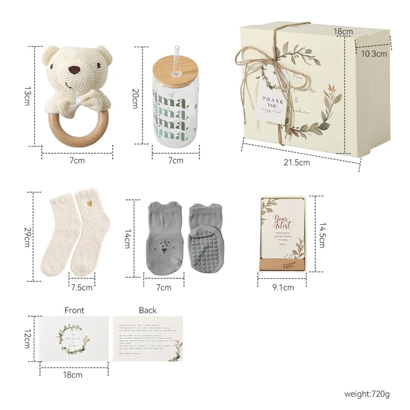 Baby Bathing Set Gift Box Wooden Rabbit Teether Wooden Rattle Cotton Socks Newborn Growth Memorial Card Baby Birth Gift
