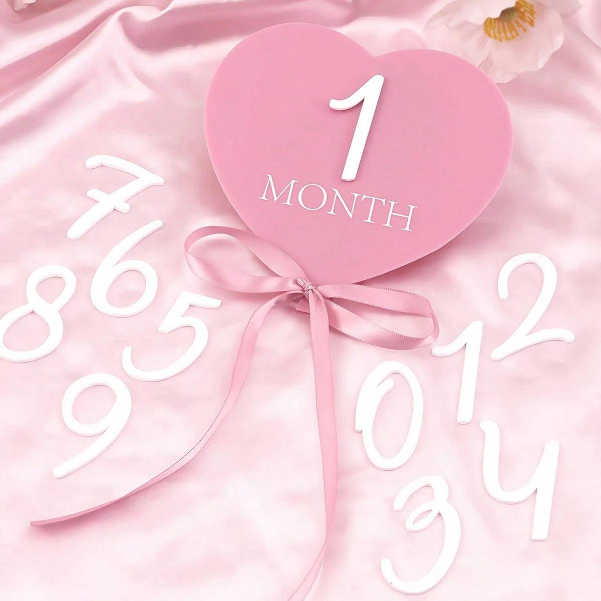 Ylsteed heart shaped pink baby monthly milestone signs pink ribbon newborn monthly photo props  matching with number 0-12