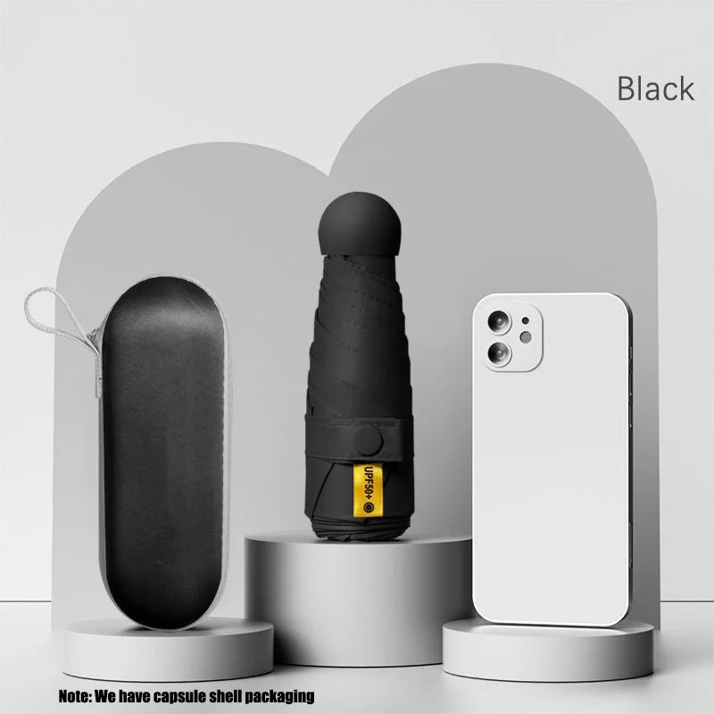Solid Color Capsule Umbrella Portable Mini Sunshade Sunscreen Rain Umbrella Black Rubber Alloy Handle Foldable Sun Rain Dual Use