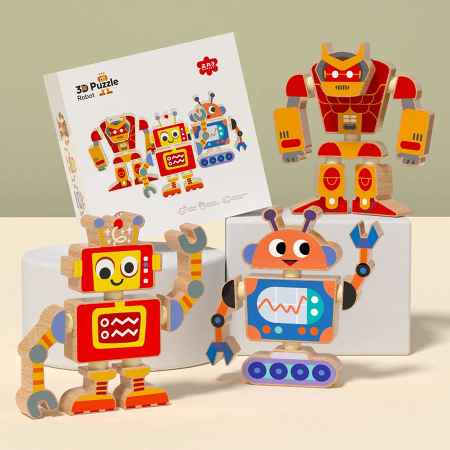 Creative wooden assembly robot STEM toy game disassembly assembly exercise Hand eye coordination ability Christmas DIY gifts