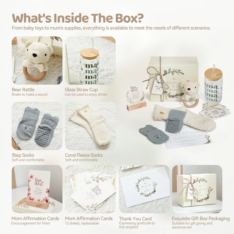 Baby Bathing Set Gift Box Wooden Rabbit Teether Wooden Rattle Cotton Socks Newborn Growth Memorial Card Baby Birth Gift