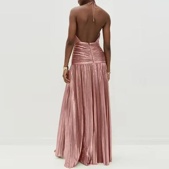 New Solid Pleated Sexy Hollow Halter Split Long Party Dress