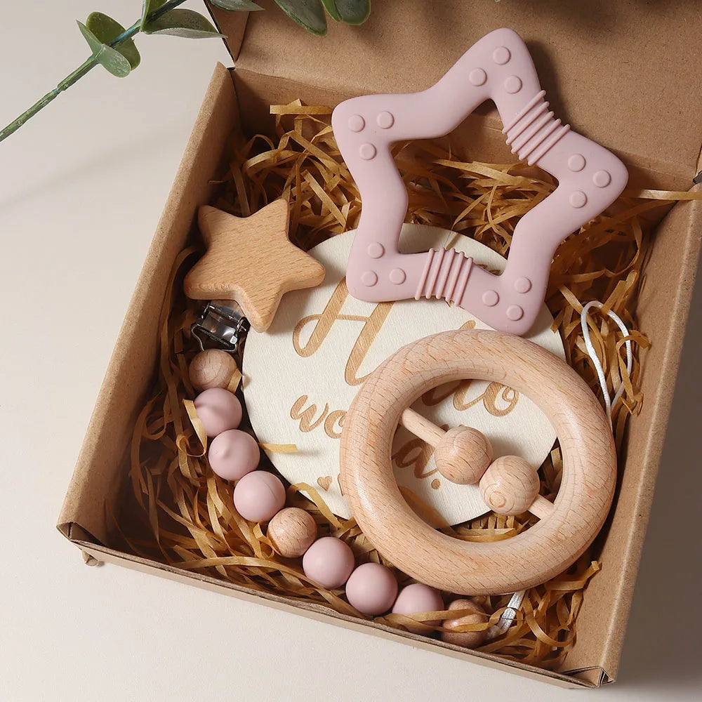 100% Organic Cotton baby bath brush set toy flamingo teether rattle milestone newborn Baby Gift Set