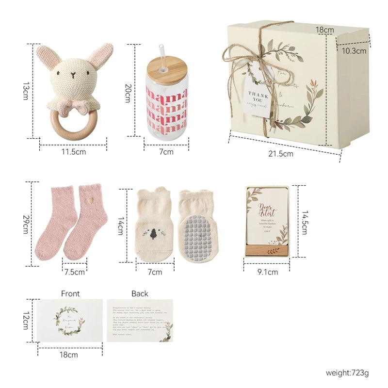 Baby Bathing Set Gift Box Cotton Socks Newborn Growth Memorial Card Wooden Bear Teether Wooden Rattle Baby Birth Gift