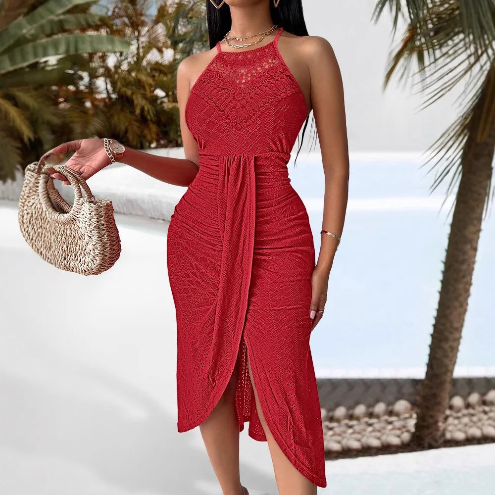 Summer Womens Halter Hollow Front Slit Ruched Maxi Dress
