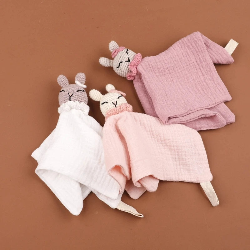 Cotton Gauze Baby Towel Crochet Bunny Rattle Doll Newborn Soothing Towel Baby Security Comforters Blanket Face Towel Washcloth