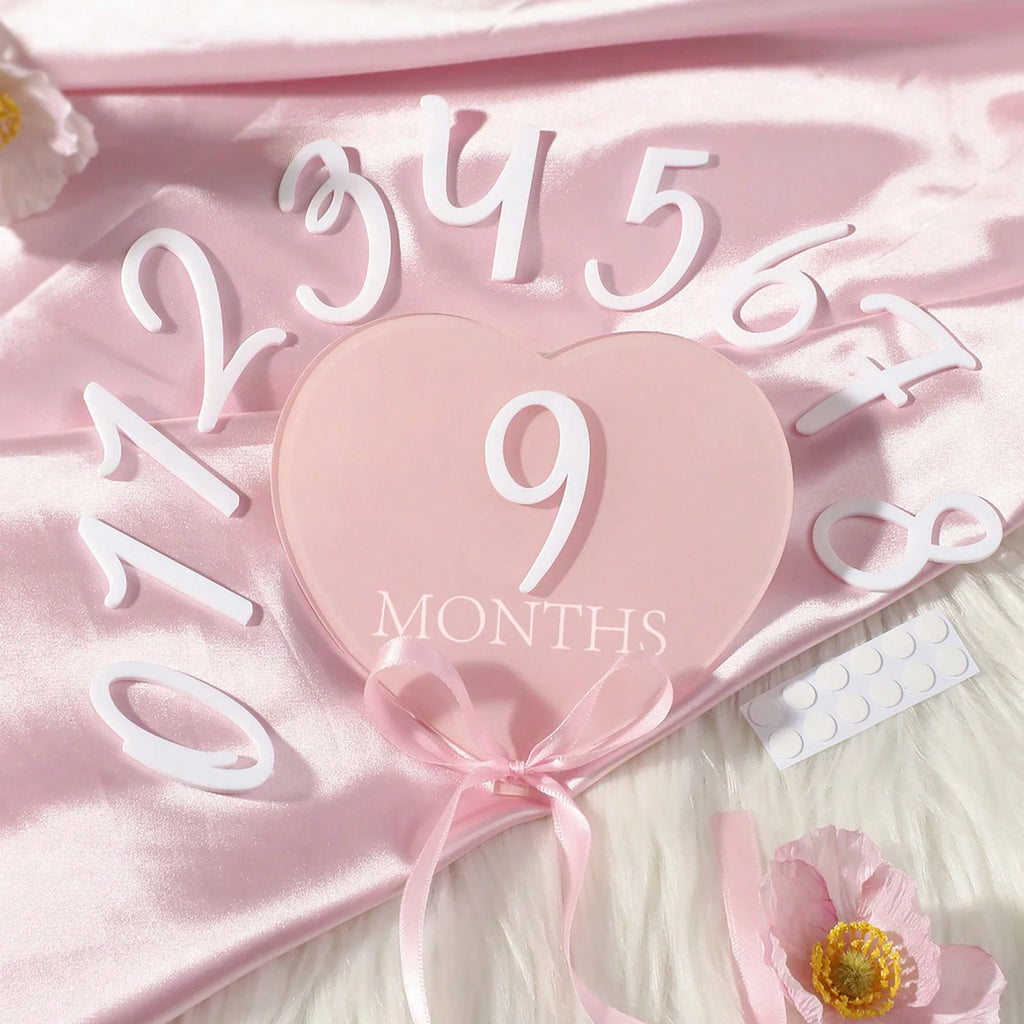 Ylsteed heart shaped pink baby monthly milestone signs pink ribbon newborn monthly photo props  matching with number 0-12