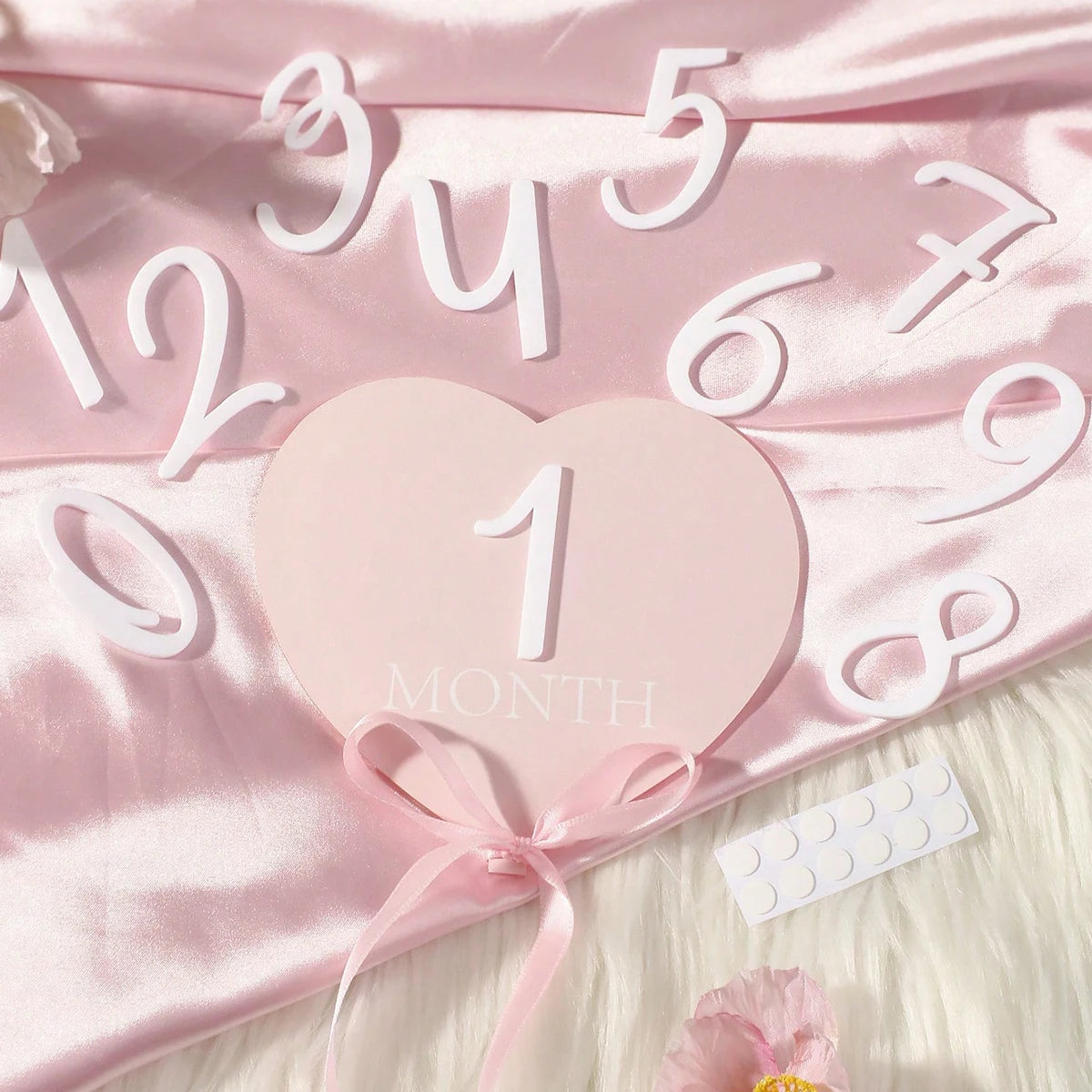 Ylsteed heart shaped pink baby monthly milestone signs pink ribbon newborn monthly photo props  matching with number 0-12
