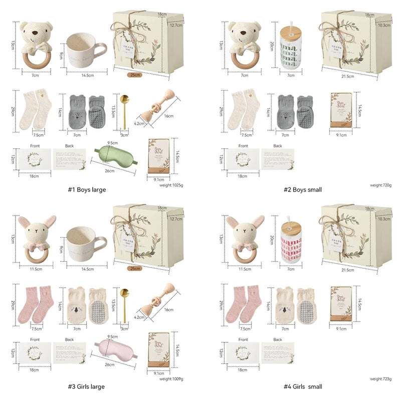 Baby Bathing Set Gift Box Cotton Socks Newborn Growth Memorial Card Wooden Bear Teether Wooden Rattle Baby Birth Gift
