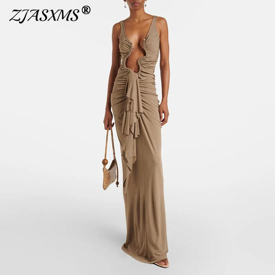 Sexy Deep V Neck Hollow Ruffle Backless Elegant Party Dresses