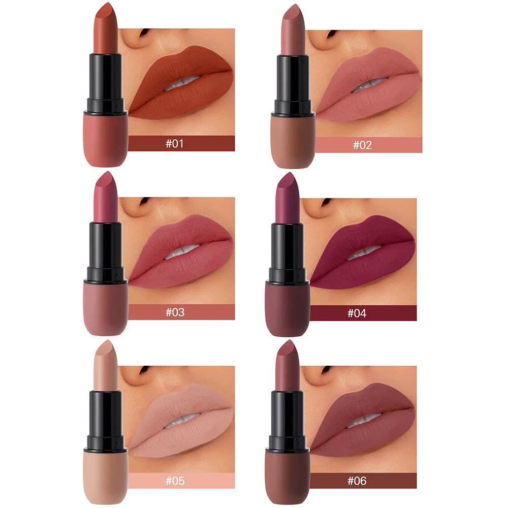 6-Color Matte Lipstick: Velvet Lip Color, Smooth, Waterproof, Long-Lasting Color Lip Makeup