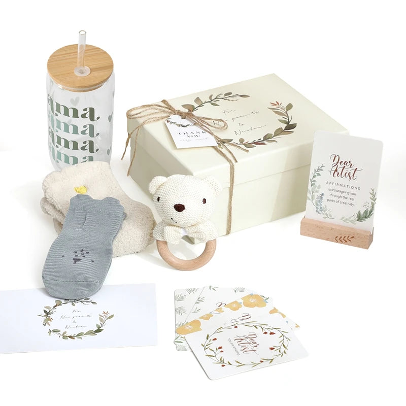 Baby Bathing Set Gift Box Wooden Rabbit Teether Wooden Rattle Cotton Socks Newborn Growth Memorial Card Baby Birth Gift
