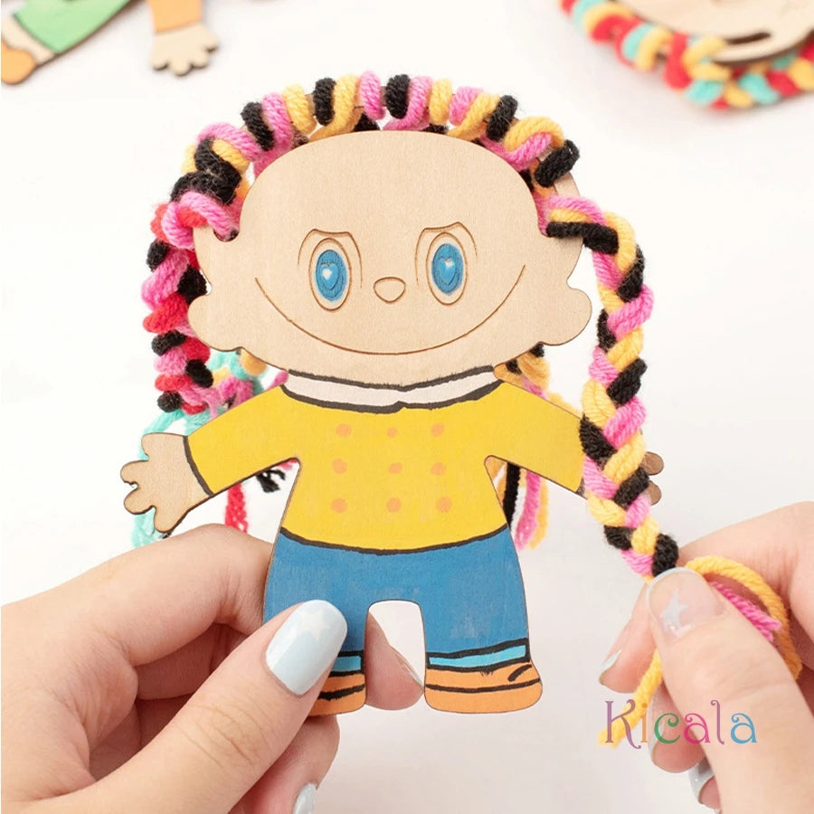 Girls Wooden DIY Craft Kit Toy Educational Handmade Braided Hair Painted Craft Christmas Birthday Gift for Kids