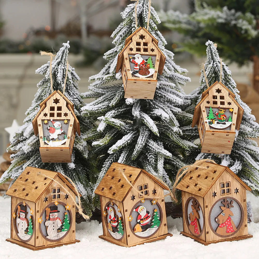Christmas LED Light Wood House Cute Tree Hanging Pendant Window Decoration Ornaments Children's Handmade DIY Gift