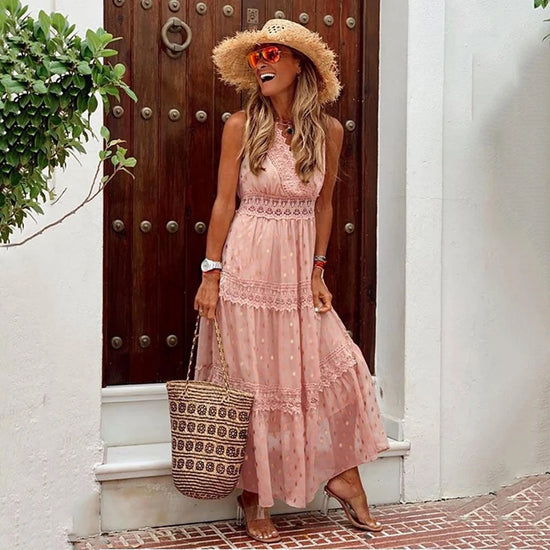 Deep V Wavy Collar Sleeveless Lace Patchwork Long Dress