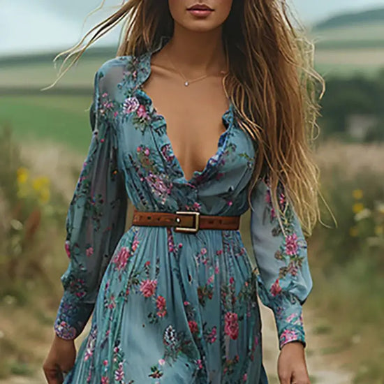 Sexy V Neck Elastic Waist Long Dress