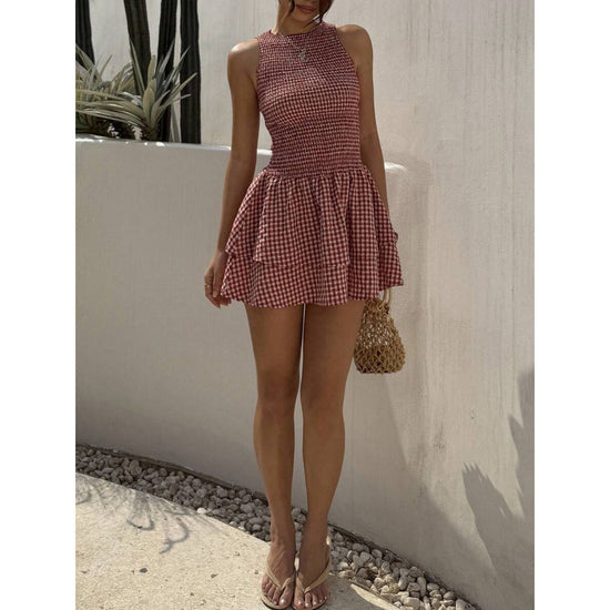 Womens Sleeveless Fitted Belted Dress With A French-Style Plaid Pattern