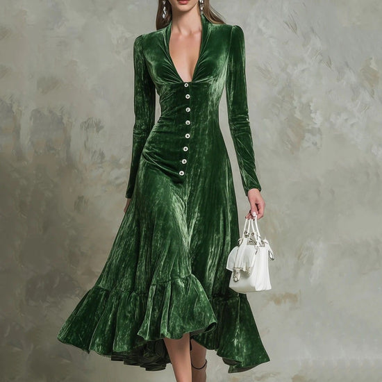 Velvet Buttoned Lapel Long-sleeve Waist-cinching Dress